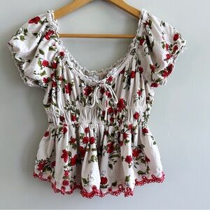Maeve White Peasant Top with Red Floral Print
